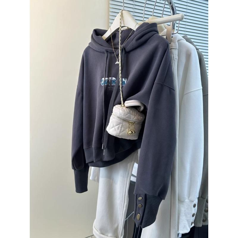 

Реальный снимок комбинированная пуговица с капюшоном вышитый свитер женский сезон тонкий свободный короткий длинный рукав топ 2XL темно-серого