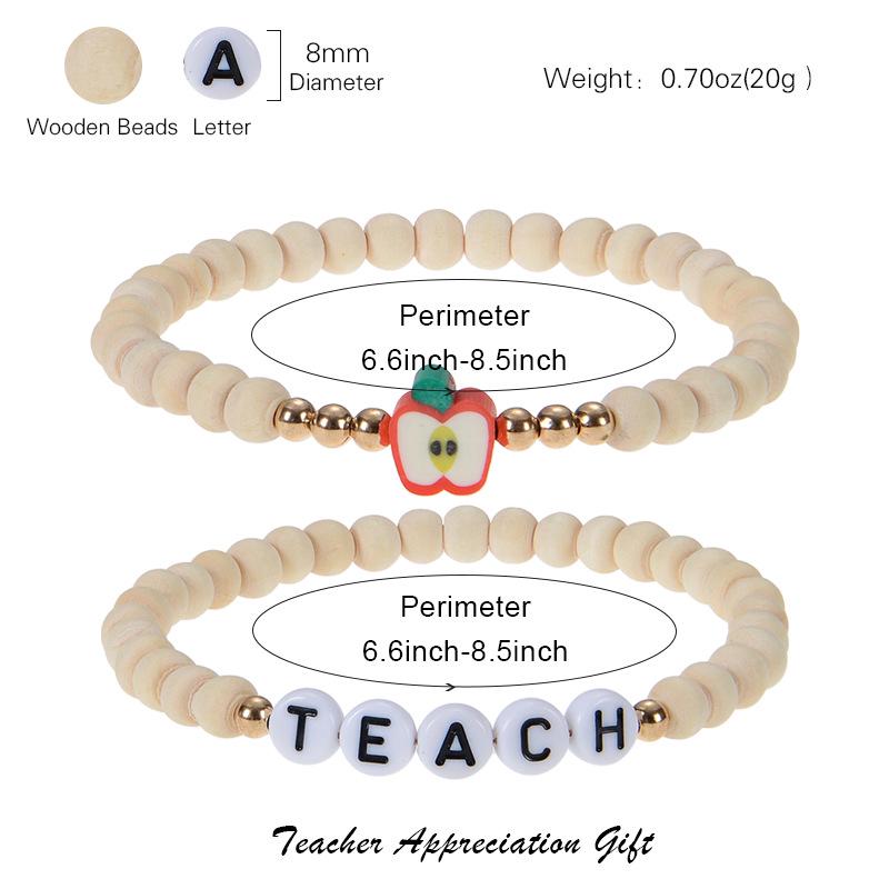 Graduation Season Teacher Appreciation Bracelet with Natural Wood Beads and Apple Charm