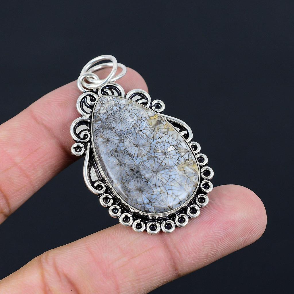 Fossil Coral Stone Sister Bezel Trendy Artisan Birthday Pendant Sterling Silver