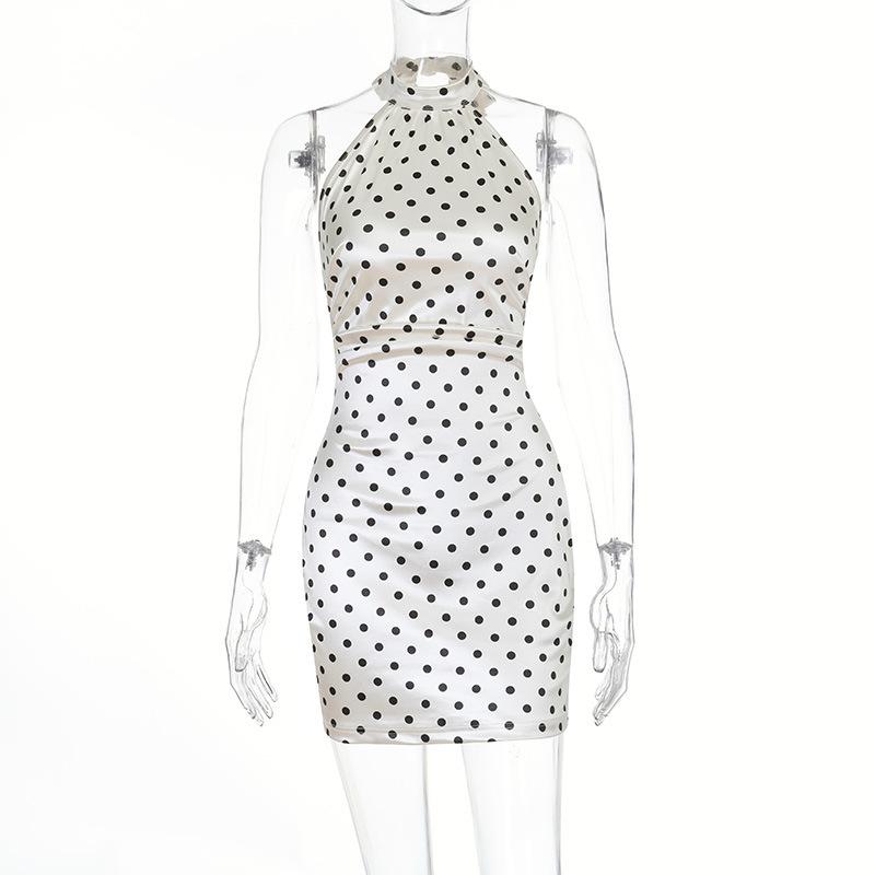 2026 new high fashion polka dot print sexy backless waist dress XS