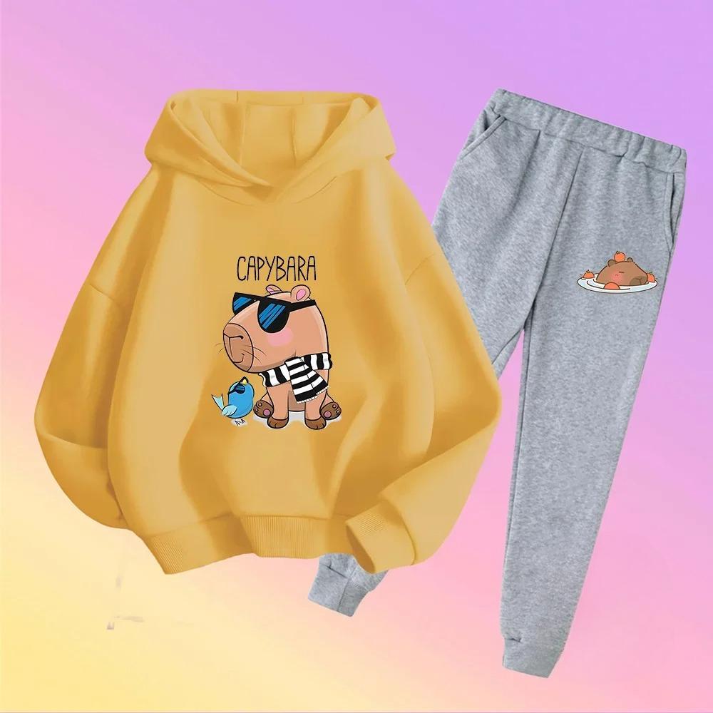 Autumn Winter New Capybara Cartoon Print Outfit Kids Hoodie Set Boys Girls 3-17 Casual Fashion Children's Set Trousers Pant Suit