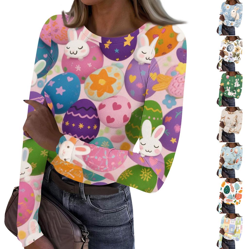 Women's Casual Fashion Round Neck Easter Print Long Sleeve Strip Top