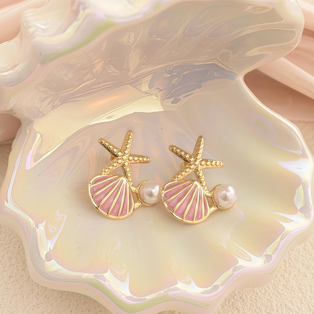 Marine-Themed Stainless Steel Sea, Shell & Earrings - Elegant Nautical Suitable for Daily Wear, Parties, Year-Round Versatile - Shell & Earrings