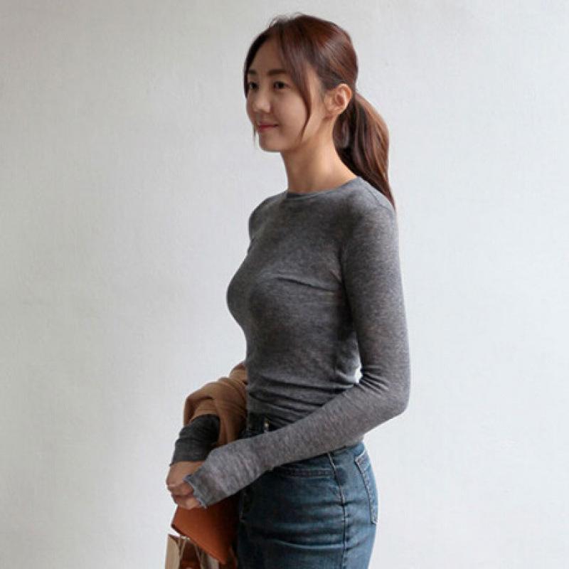 Women's Spring/Summer Fitted Versatile Slimming Round-Neck Long-Sleeve Casual T-Shirt