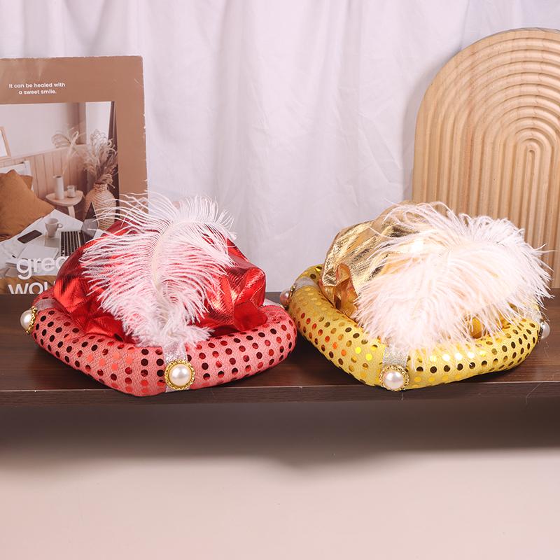 Aladdin Hat Mythical Character Play Cap Men Sultan Headwear Ethnic Style Feather Costume