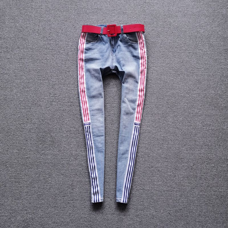 

Three Bars Light Color Jeans Women Plus size 2022 Spring and Autumn High Waist Slim fit Slimming Pencil Pants Stretch Pencil Pants Fashion Light blue regular paragraph three bar Denim XL