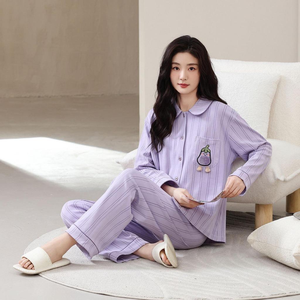 Women's Pure Cotton Striped Long-Sleeve Pajamas Set for Spring/Autumn, Wear Indoors or Out, Customizable Design Available.