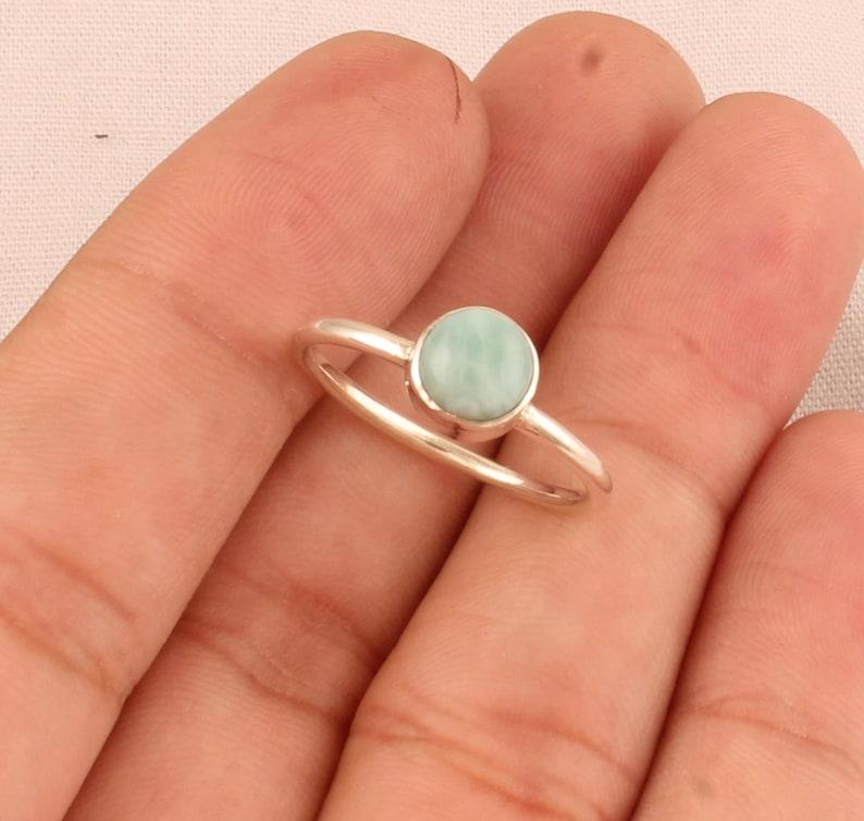 Solid 925 Sterling Silver Larimar Round Gemstone Stacking Women Ring Handmade Jewelry