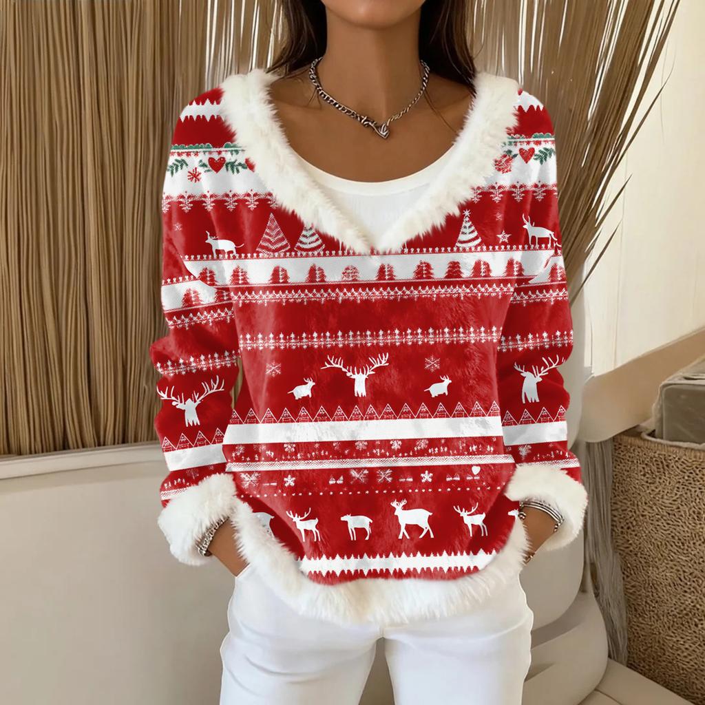 Women's Fashion Plush V Neck Pullover Top Long Sleeve Tee Christmas Printed Sweatshirt