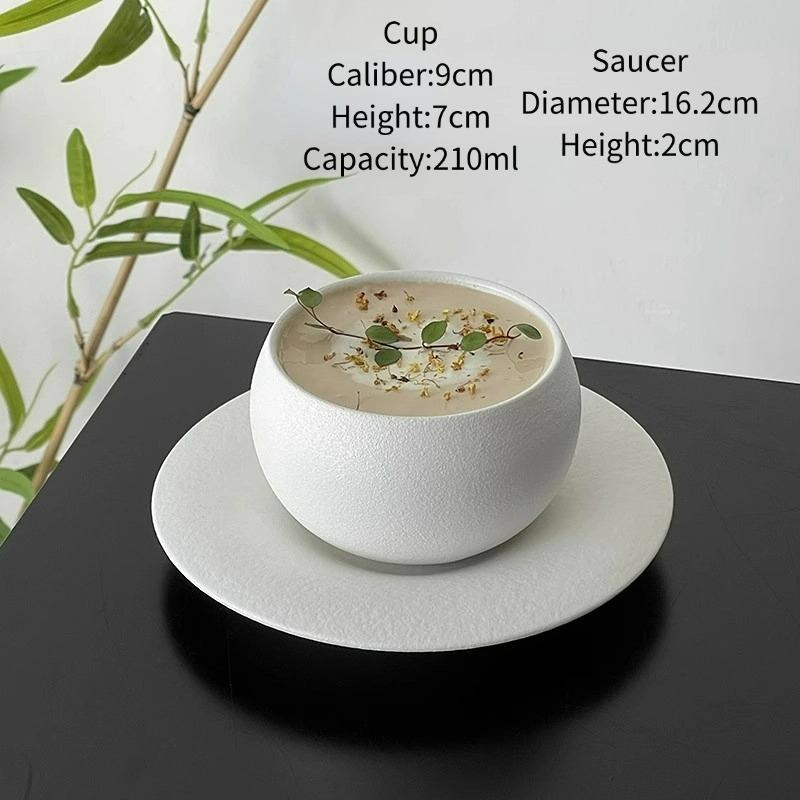 

Exquisite Frosted Stone Pattern Cup And Saucer Set, White Ceramic Mug Cups, Egg-shaped Coffee Mugs, High-value Mug With Handle 210ml