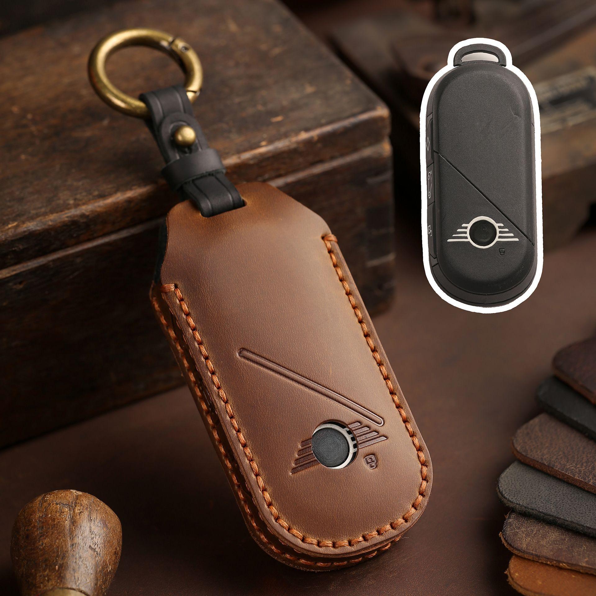 

Leather Car Fob Key Case Cover Protector for Bmw Mini Countryman Cooper One 2023 2024 Remote Accessories Holder Shell Keychain коричневий