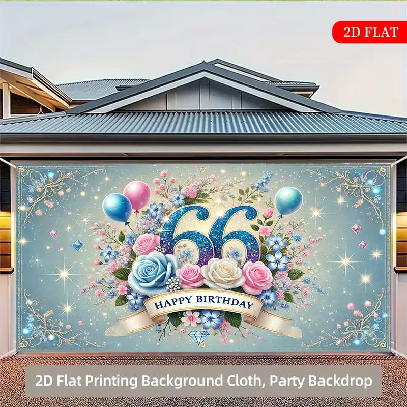 2D Flat Printed 66th Birthday Backdrop, Light Blue Floral & Balloon Garage Door Banner