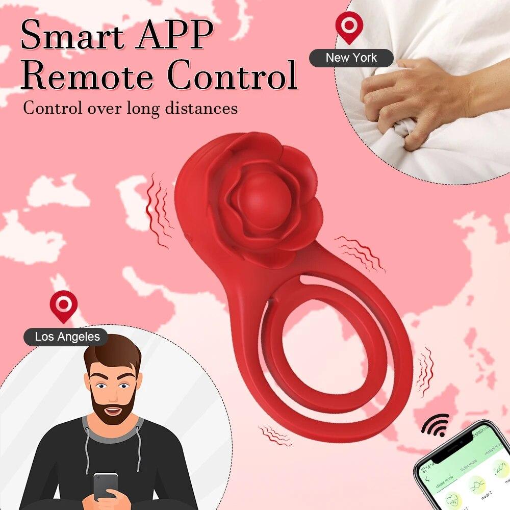 Rose-Toy Bluetooth APP Vibrátor na penisový kroužek pro muže Zámek spermatu Mužské erekční kroužky Zpoždění ejakulace Sexuální hračky pro páry