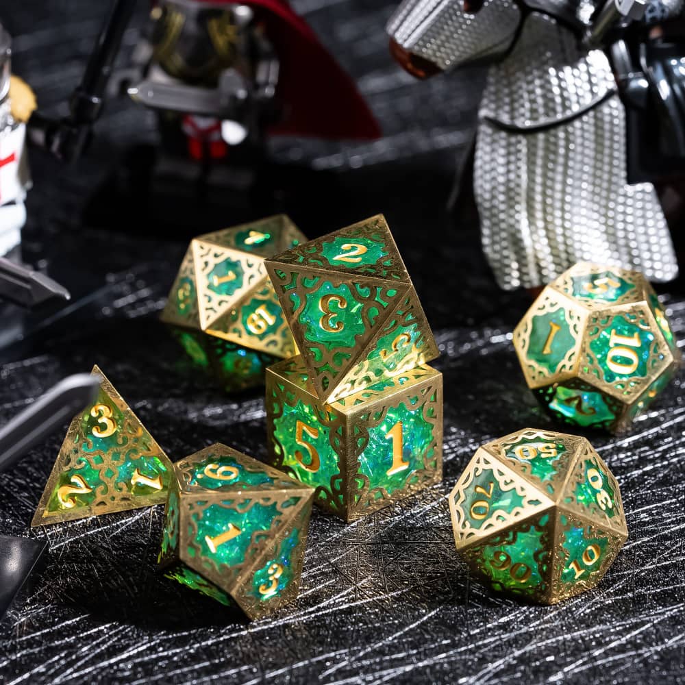Cusdie Metal Frame+Glitter Candy Paper Dice Set Unique D4-D20 Polyhedral Dice for Pathfinder Tabletop Role Playing Board Games