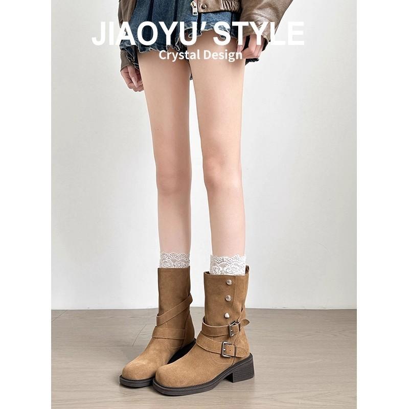 Vintage Western Cowboy Boots Wasteland Wind Grey Straight Thick Bottom Thick Heel Short Boots Medium Tube Premium Black Gray Martin Boots Women