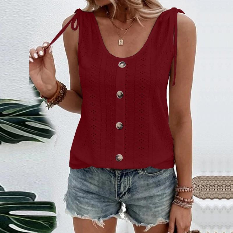 U Neck Summer Women Hollow Out Tank Tops Sweet Solid Color Sleeveless Blouse Fashion Elegant Buttons Shirts Large Size Office Simple Casual Clothing