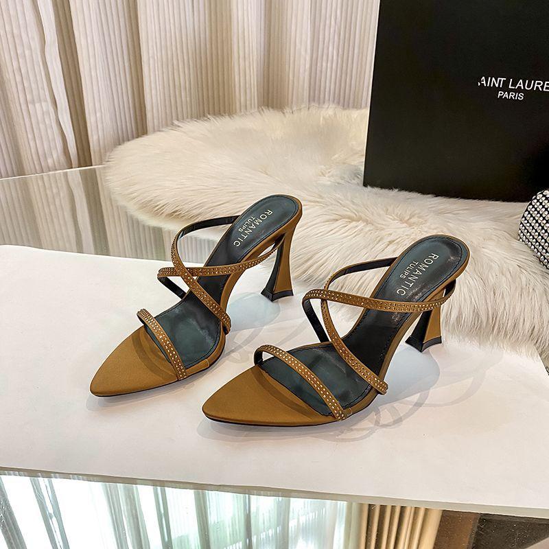

Black rhinestone high-heeled sandals women s summer 2025 new sexy open-toed cross-strapped pointed French cool slippers women 39 темно-коричневого