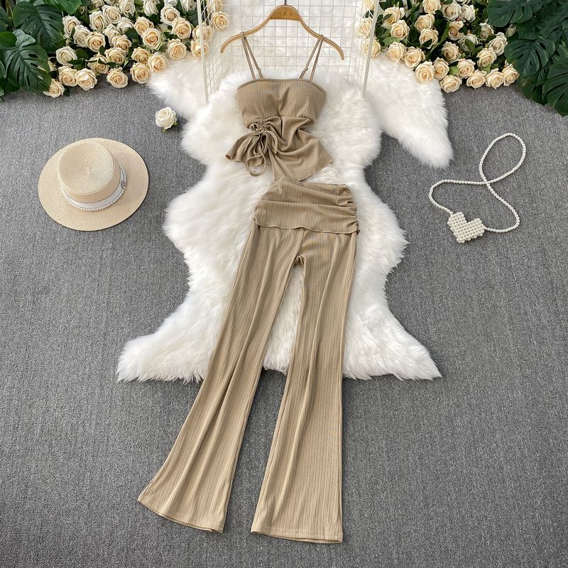 

Casual Set Women 2025 Summer New Pleating Short Cami + High Waist Slimming Trumpet pants Two-piece Set Khaki All yards