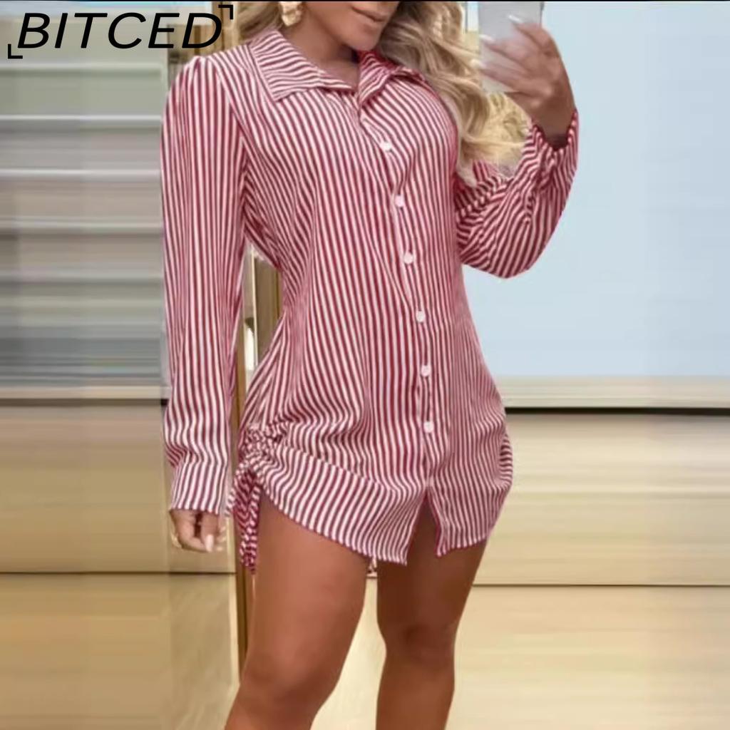 BITCED Women's Autumn Fashion Sexy Two Side Drawstring Shirt Dress