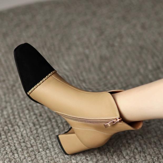 Autumn and Winter Martin Boots Square Head and Ankle Boots Thick Heel Short Tube Women's Color Matching Versatile Thin Leather Boots