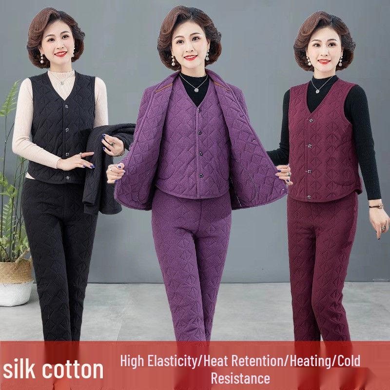 Women's Winter 3-Piece Set: Silk Cotton Coat & Outerwear for Middle-Aged