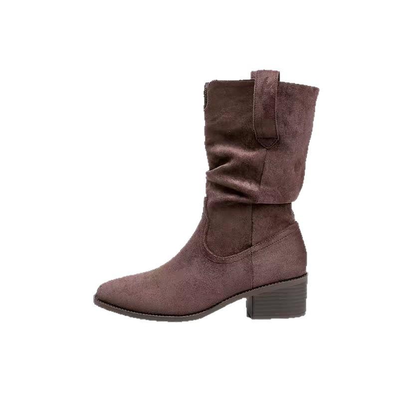 Short Boots Women's Pleated Stacking Boots 2025 New Medium Tube Comfortable Retro British Style Versatile Small Man Height Increase Martin