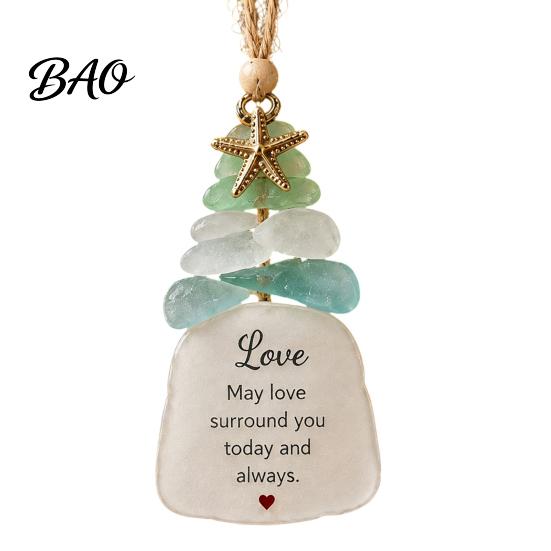 Handmade Christmas Ornament Sea Glass Tree Ornament, Seaglass Art Hanging Decor with Starfish Charm, Coastal Theme Decoration Peace Love Joy