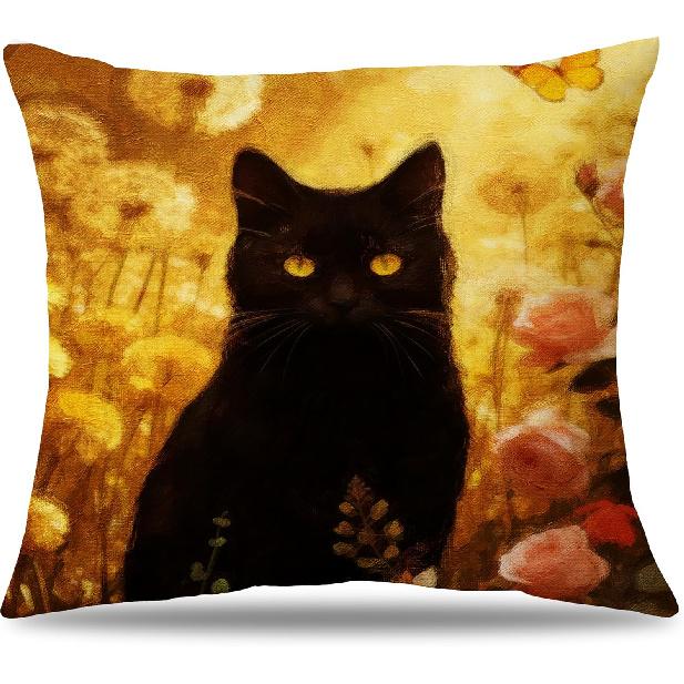 Floral Black Cat Pillow Cover 18x18, Cat Lovers Gifts for Women, Garden Cats Decorative Pillowcase for Home Bedroom Living Room