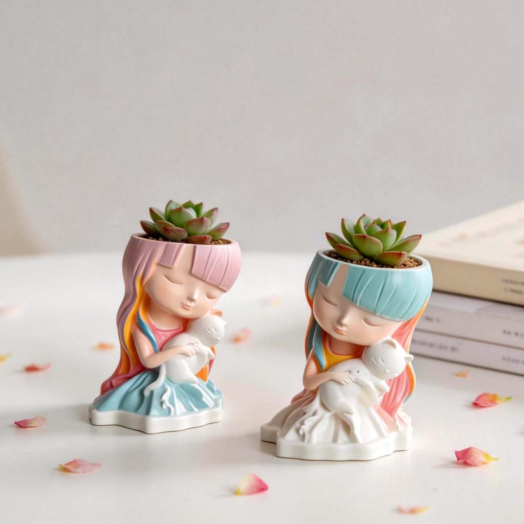 Cute Cat Hugging Girl Flower Pot 3D Silicone Mold for DIY Handmade Crafts Epoxy Resin Candle Plaster Crystal Making Home Decor