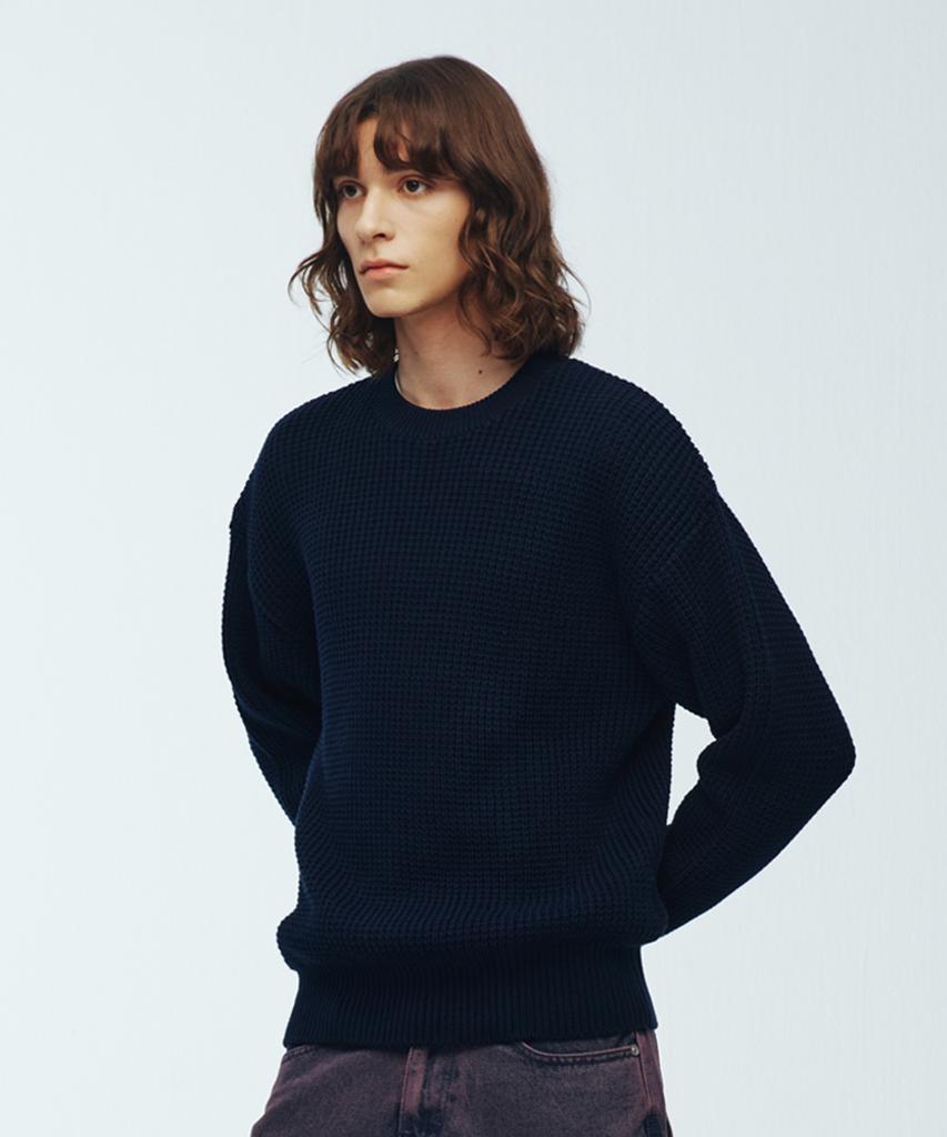 KNITTED Heavy Waffle Round Knit Navy