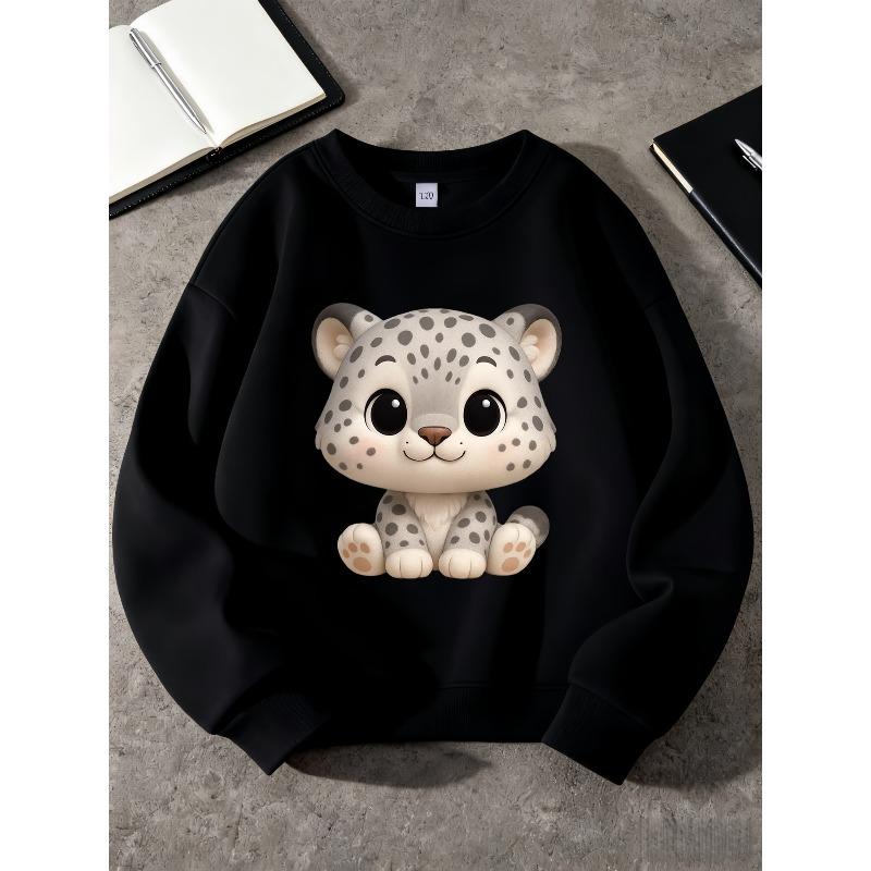 Kids Unisex Pink Crewneck Sweatshirt, Cute Cartoon Snow Leopard Print Long Sleeve Pullover, Soft Casual Sweatshirt for Boys Girls Over 4 Years Old 110 чёрный