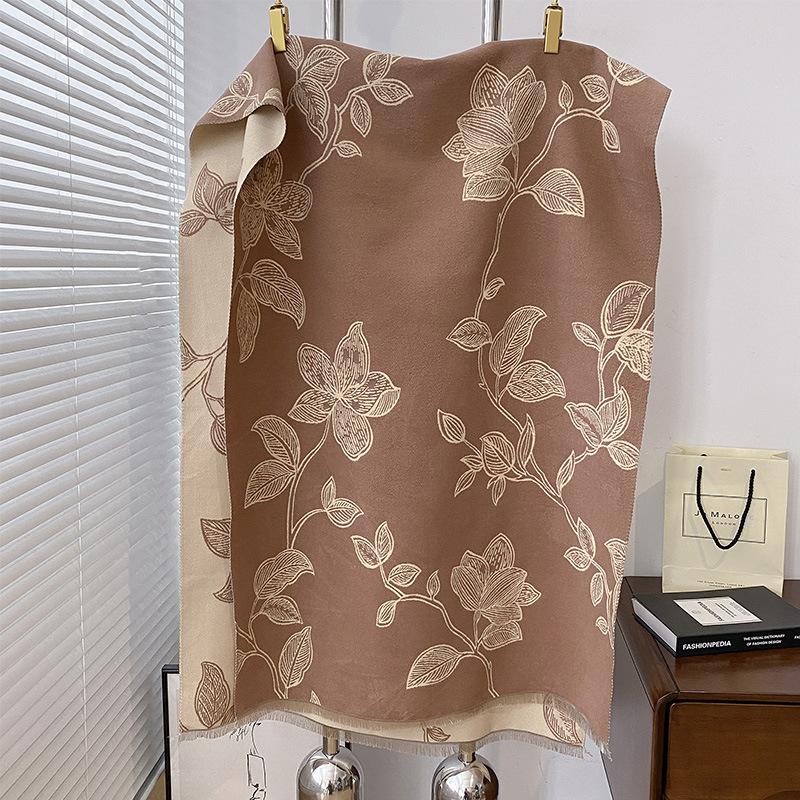 Imitation Cashmere Double-Sided Contrasting Color Versatile Plant Printing Double-Sided Warm Scarf Shawl Outer Women