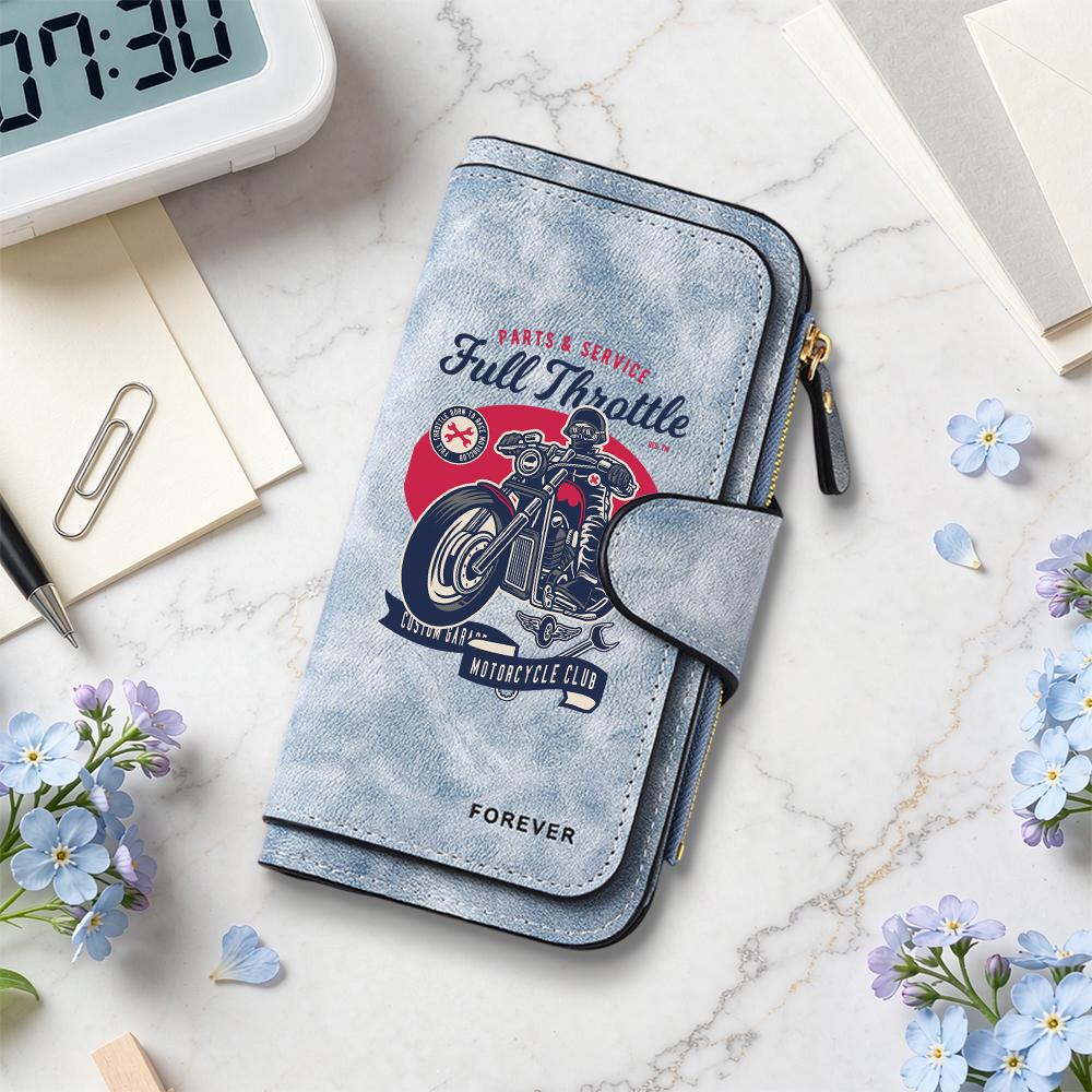 Vintage Motorcycle Print Long Wallet Multi Slot Card Holder Slim Purse for Mens Biker Daily Use