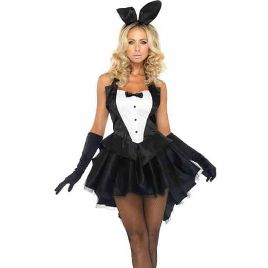 

3Pcs Women Bunny Tuxedo Dress Gloves Headband Halloween Cosplay Costume Set S чёрный