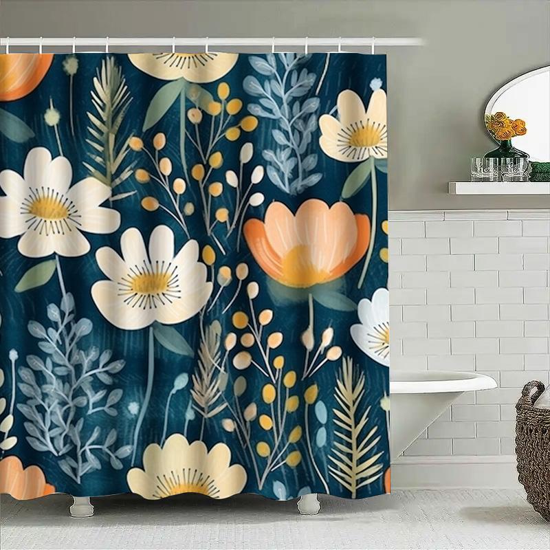 Rustikaler Blumiger Duschvorhang Blau Weiß Gelb Orange Badezimmer Dekor Sichtschutz Stangentasche Haken Für den Heimgebrauch Modernes Design Wasserdicht