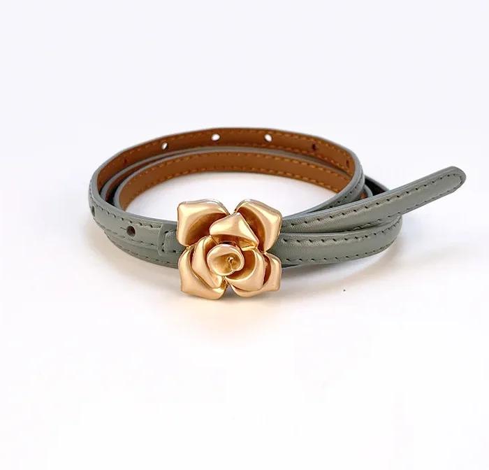 1.0cm New Unique Rose Genuine Leather Gold Belt Women Fashion Cowskin Flower Thin Belts Female Jeans Dress Waistband
