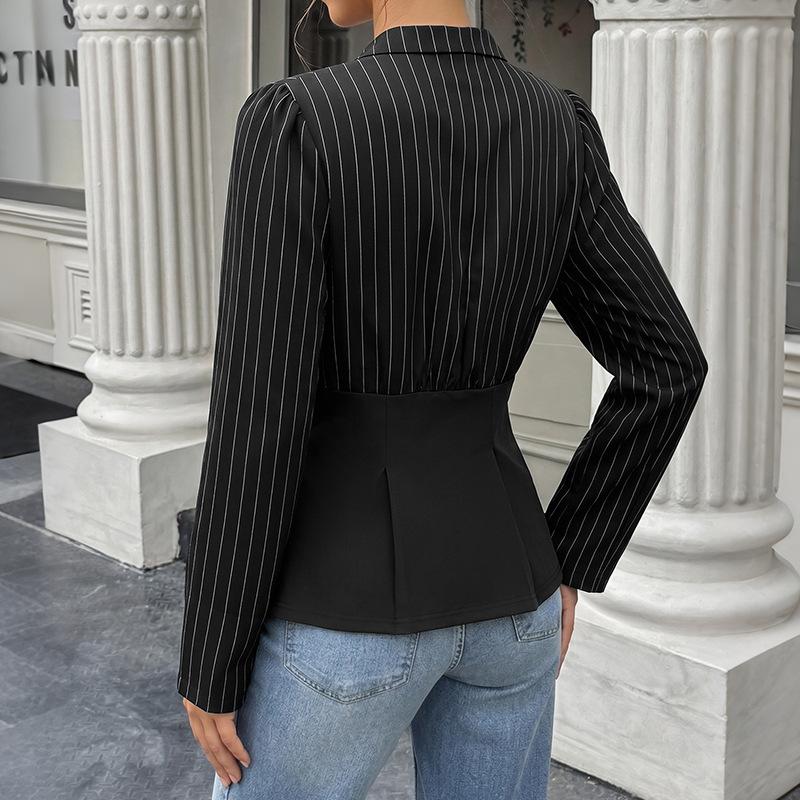 High-end Lady's Shirt - New Autumn Early Season Style with Striped Waistline and Patchwork Design for Business Casual Long-sleeved Shirt