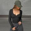 Women's Threaded U Neck Slim Solid Color Casual Long Sleeve Top