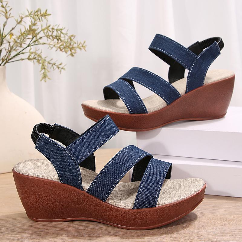 Fashion Denim High Heel Sandals for Women Elastic Band Platform Wedge Sandals Woman 2024 Light Casual Summer Gladiator Shoes