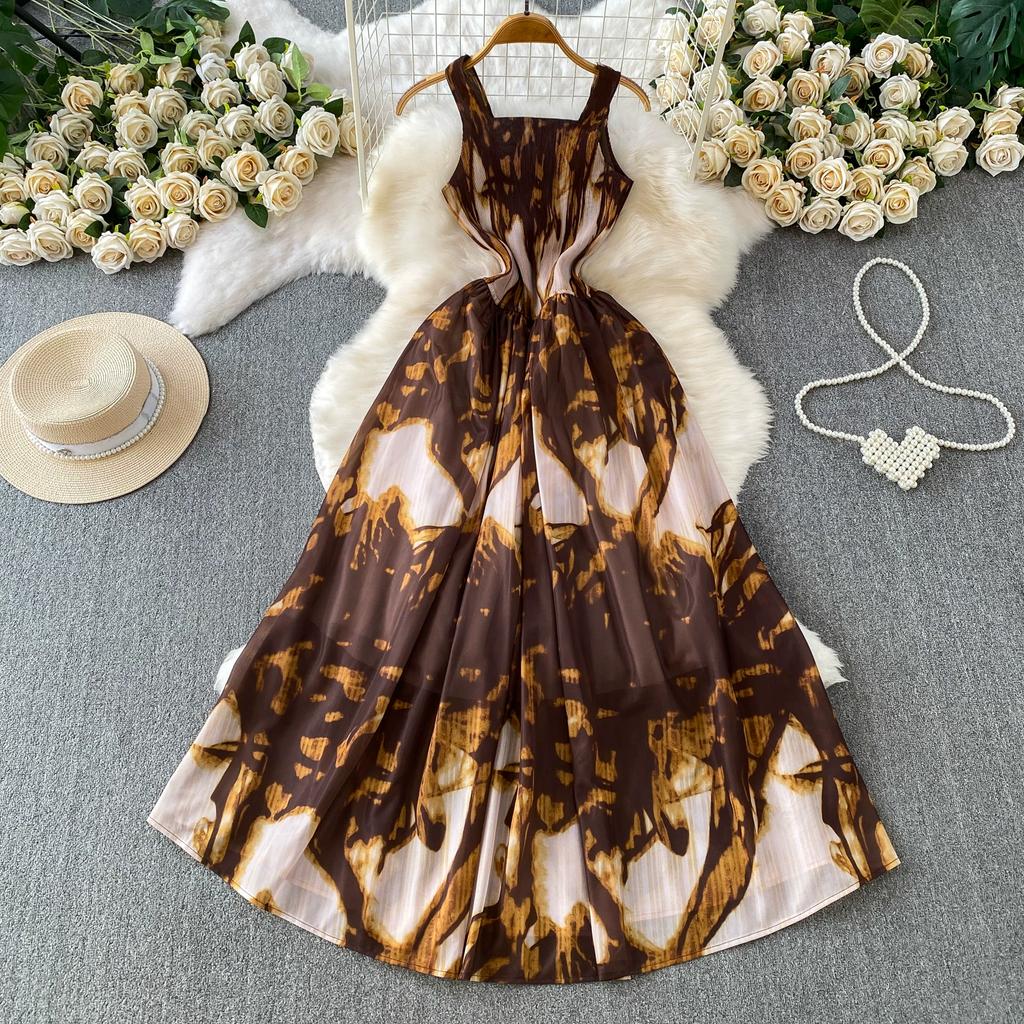 Charming and Elegant Vacation-Style Square-Neck Spaghetti-Strap Dress for Women Summer Dopamine Print A-Line Maxi Dress