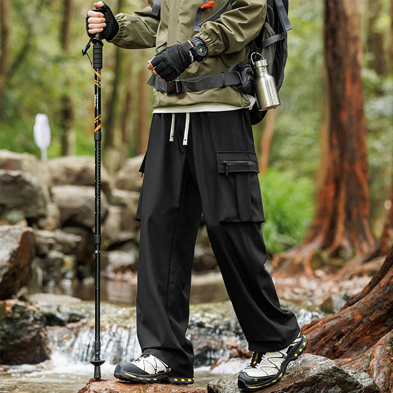 Spring Autumn Drawtring Waist Wide Leg Solid Pants Men Loose Casual Vintage Cargo Trousers