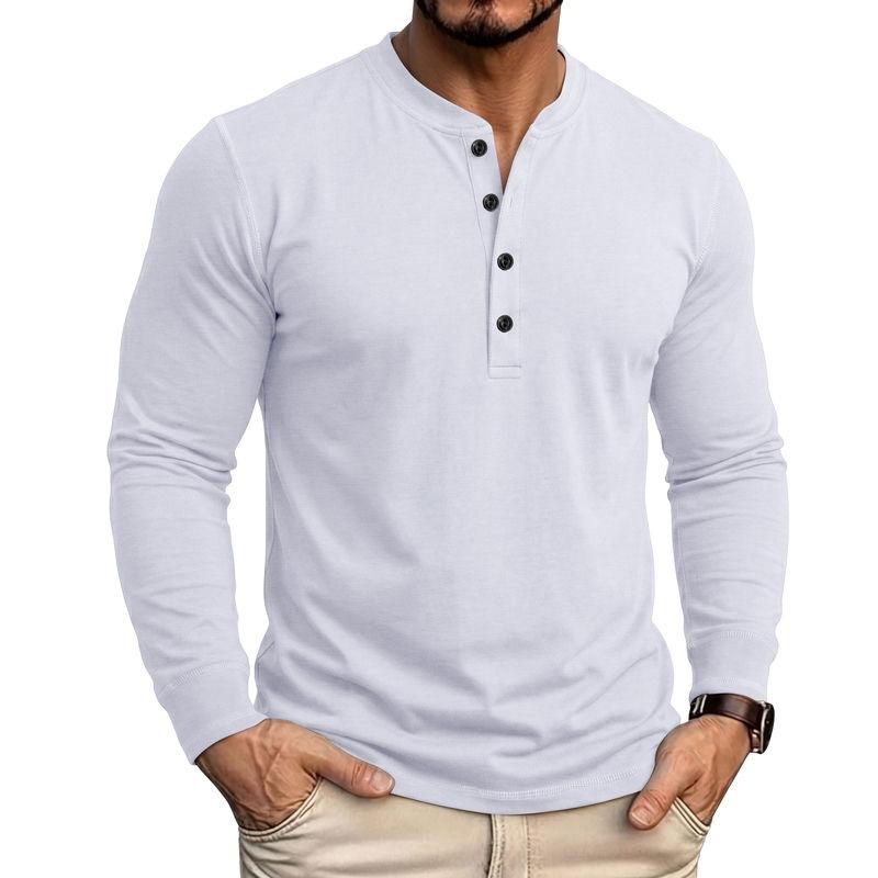 Men S American Retro Solid Color Thickened Long Sleeve Casual Henley T Shirt M