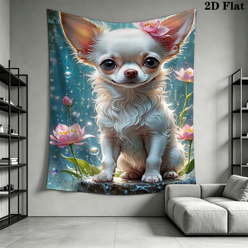 Charming Chihuahua and Flowers Pattern Home Decor Tapestry, Wall Hanging, Decorative RV Wall Cloth.SGT0917431
