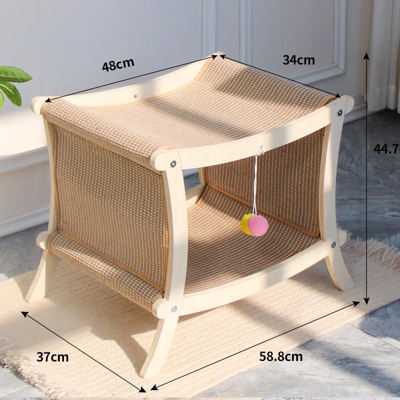 Two-Story Cat Bed with Rattan Mat, Sisal Scratching Post & Solid Wood Frame