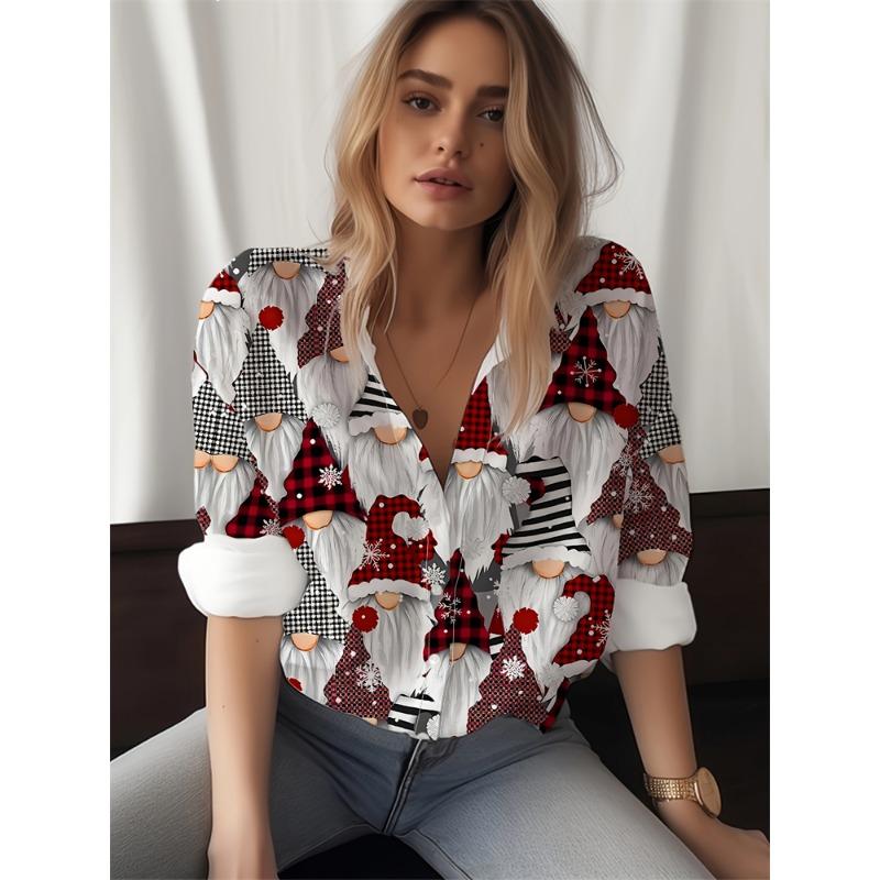Christmas Women's Wear Casual Relaxed-Fit Button-Down Shirt Christmas Tree And Santa Claus Print Stylish Collared Shirt