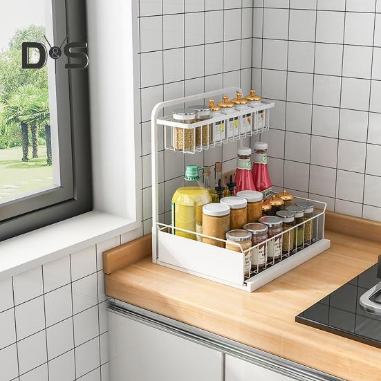 Under Sink Organizer with Sliding Drawer L-Shaped Carbon Steel Storage Rack Rust-Proof Under Sink Rack for Kitchen Bathroom Clutter