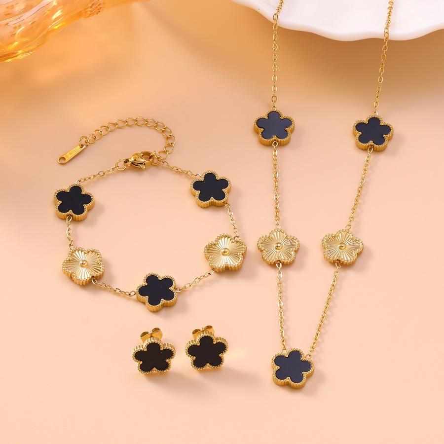 Edelstahl Glück Fünfblättrige Blume Halskette Ohrringe Armband Set für Frauen Freundin Geschenk Schmuck
