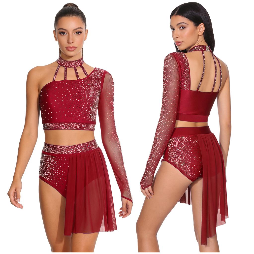 Women's Latin Dance Costume S-XXL: Asymmetrical Halter Top with Single Sleeve & Stappy Back + Rhinestone Mesh Hem Shorts