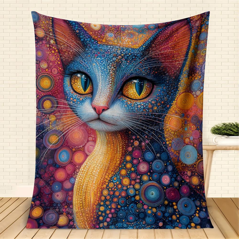 Psychedelic Dot Art Cat Flannel Blanket, Vibrant Colorful Feline Throw, Soft Cozy for Cat Lover Home Decor, Warm Sofa Couch Gift