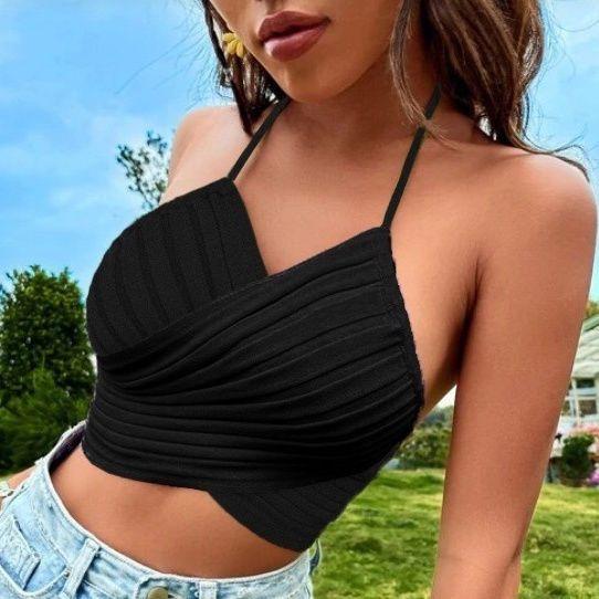 Hot Girl Cross Tie Halter Knitted Camisole Vest For Women Summer Sexy Short Bandeau Sleeveless Top
